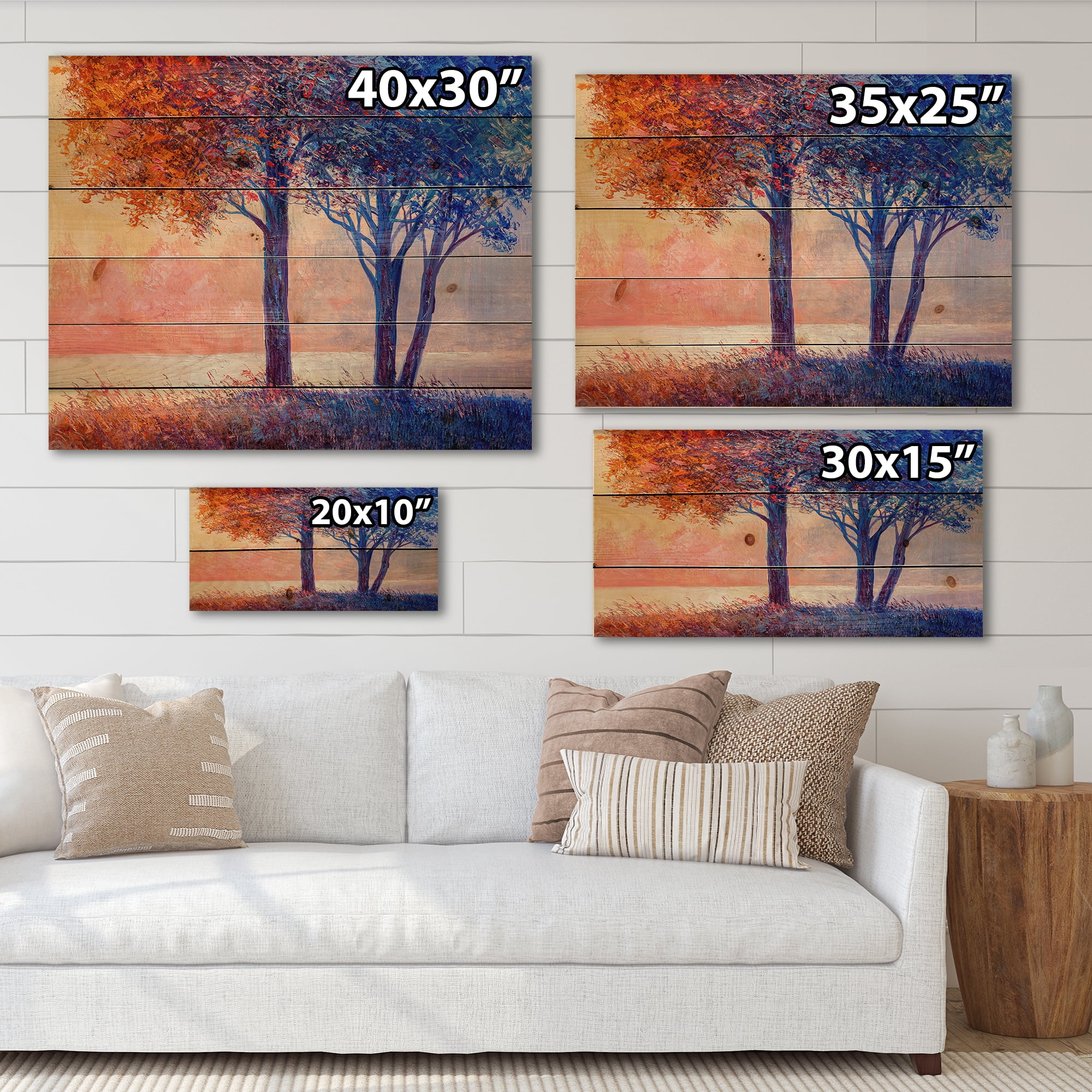 Designart 'Colorful Autumn Forest Trees Along Beautiful River' Lake House Print on Natural Pine Wood