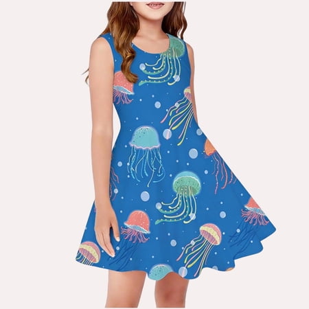 Spazoro Girls Midi Dresses Crew Neck A-Line Jellyfish Print Sleeveless Casual Summer Dresses for Girls Dark Blue Size 10-13