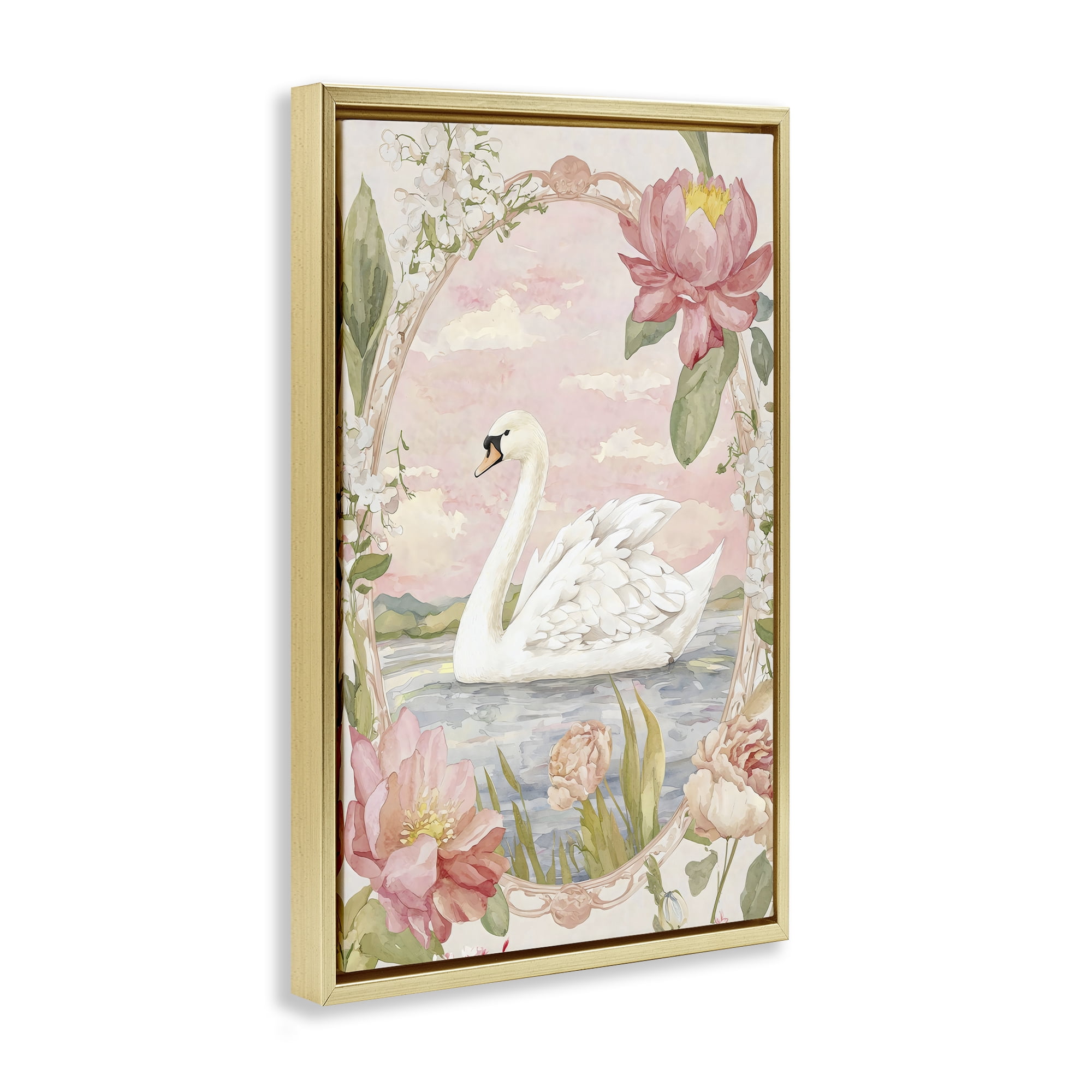 Stupell Industries Floral Border Swan in Bloom Gold Framed Floater Canvas Wall Art, design by Creative Studio