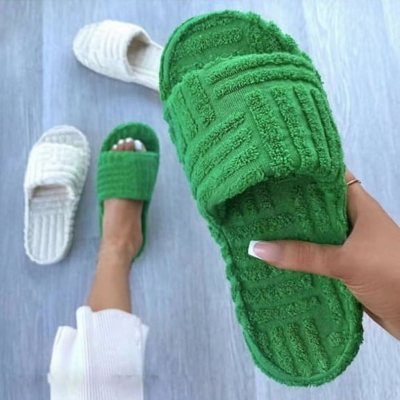 Visland 1 Pair Women Plush Slippers Peep Toe Slip-on Thick Sole Warm Autumn Winter Slippers for Home