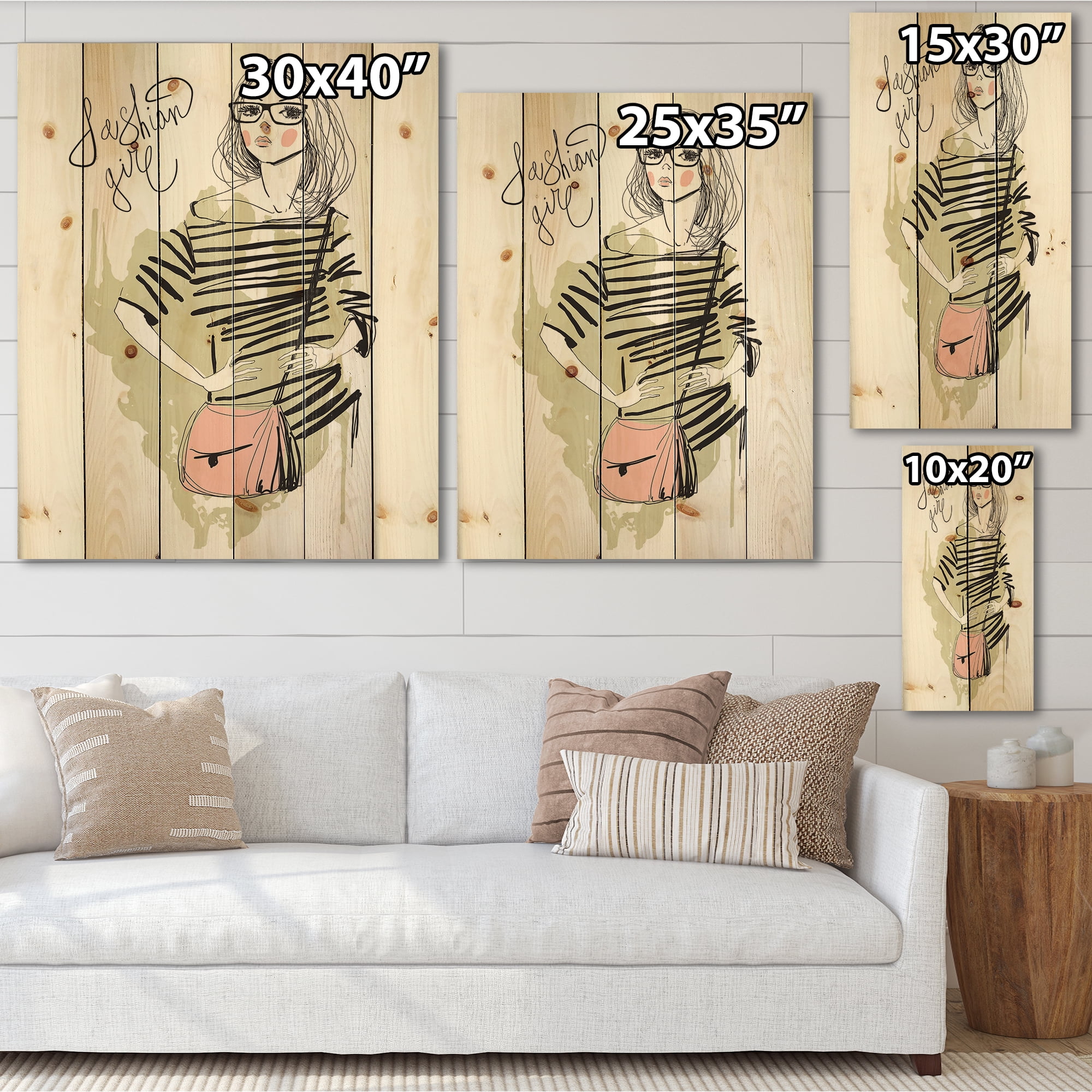 Designart 'Trendy Fashion Woman' Shabby Chic Print on Natural Pine Wood