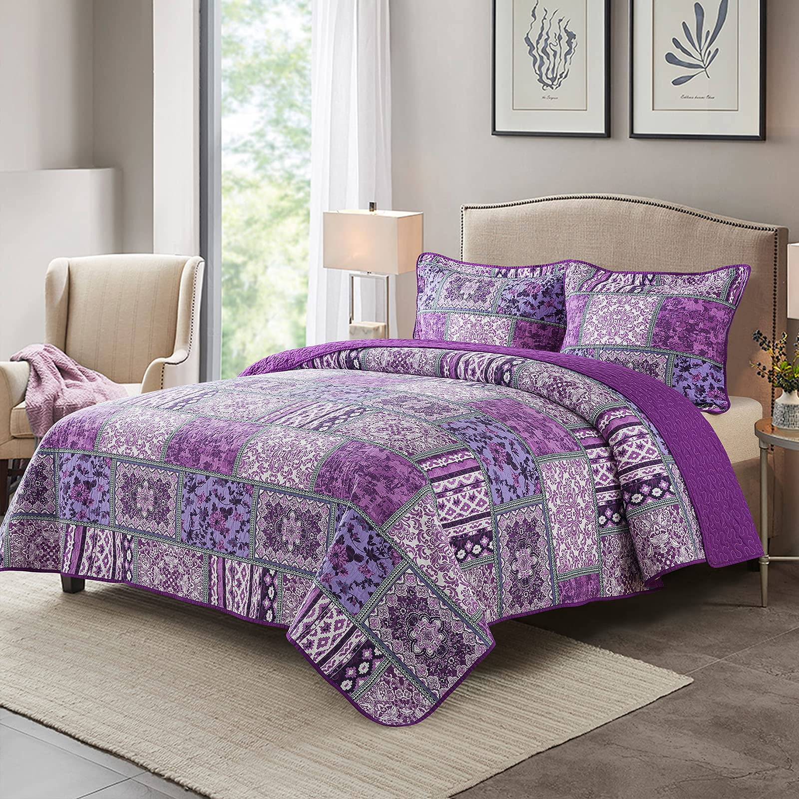WannaToo King Size Quilt Comforter Cotton Bedding Set With Shams, Vintage Purple