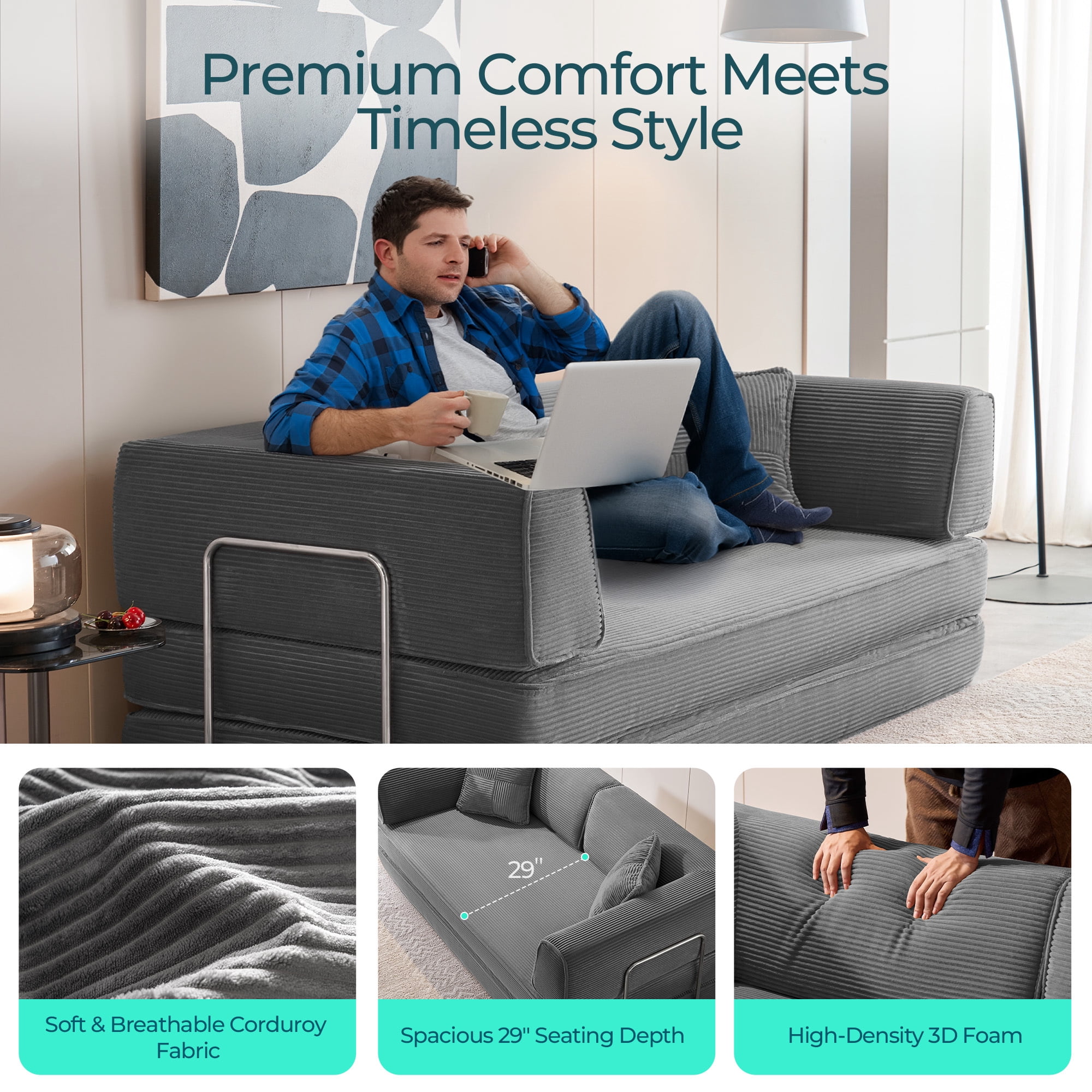 Linsy Home Oversized Corduroy Futon Sofa Bed Couch, Convertible Boneless Cloud Couch Bed, King Size Sleeper Sofa Bed With Fixed-Shape Frame, No Assembly Required, Dark Grey