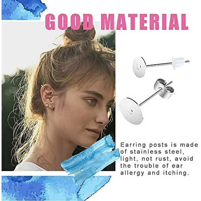Earring Posts Stainless Steel Hypoallergenic, 420Pcs 4mm/6mm Steel Flat Pad  Earring Studs, Butterfly and Clear Rubber Earring Backs for Jewelry Making  DIY （Silver） (Silver) 