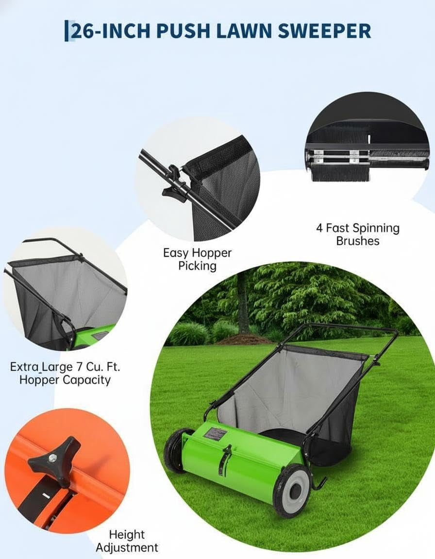 Accreate 21-Inch Lawn Sweeper With Push Design, 7 Cu. Ft. Capacity Bag, 4 Spinning Brushes, Adjustable Height, And Sturdy Steel Frame With Rubber Wheels For Leaves, Grass, And Yard Debris Collection