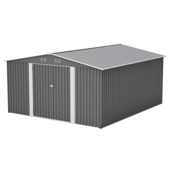 12x14 FT Large Metal Storage Shed with Floor Frame & Lockable Double Doors, Waterproof Outdoor Tool Shed for Patio, Garden & Backyard