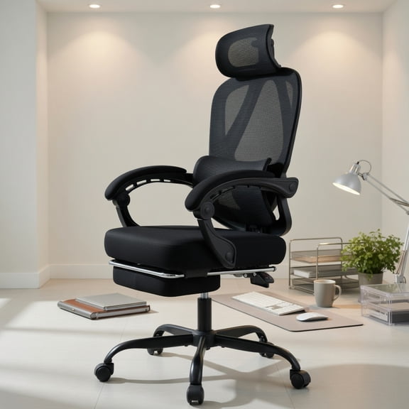 Resenkos Ergonomic High Back Mesh Office Chair - Retractable Footrest, Desk Chair, Black