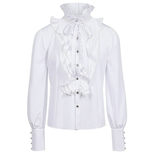 Men'S Spring Summer Cosplay Solid Color Pleated Shirt Medieval Costume Top Men Shirts White Xxl
