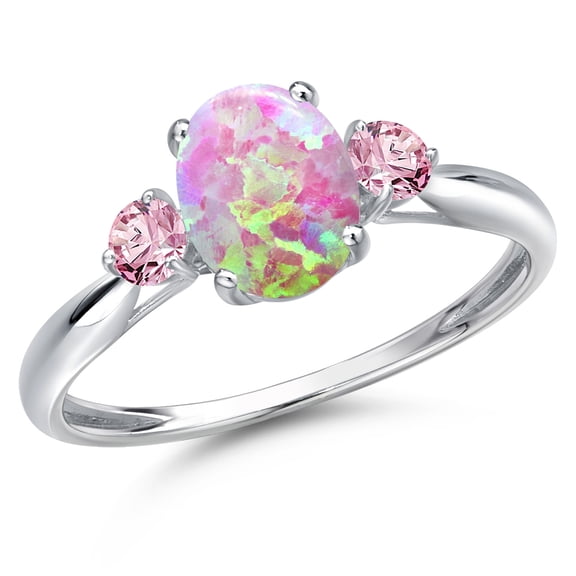 Gem Stone King 10K White Gold Simulated Pink Opal and Pink Lab Grown Diamond 3-Stone Ring for Women | 1.31 Cttw | Oval Cabochon 8X6MM | Gemstone October Birthstone | Size 8