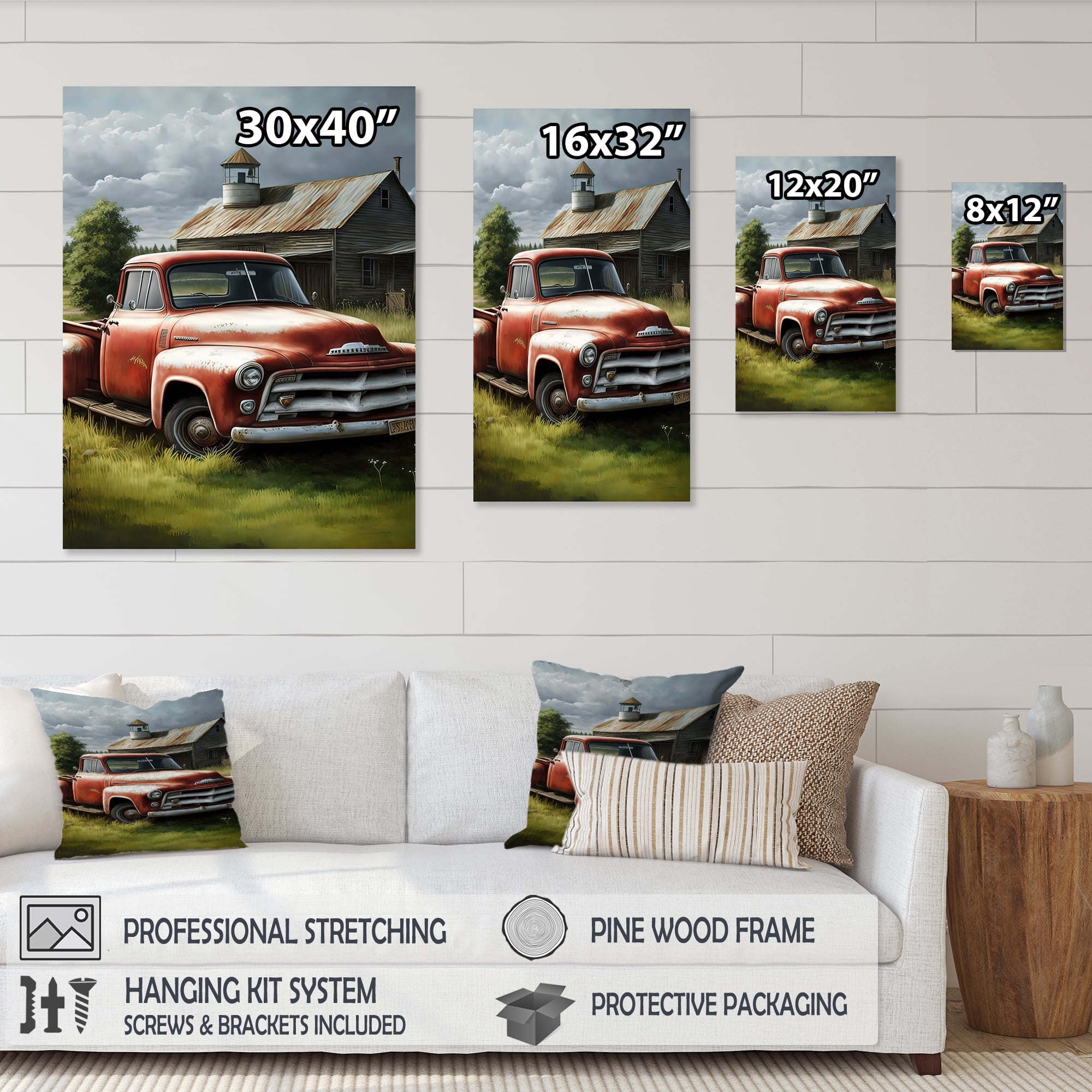 Designart Orange Vintage Truck At The Barn Canvas Wall Art