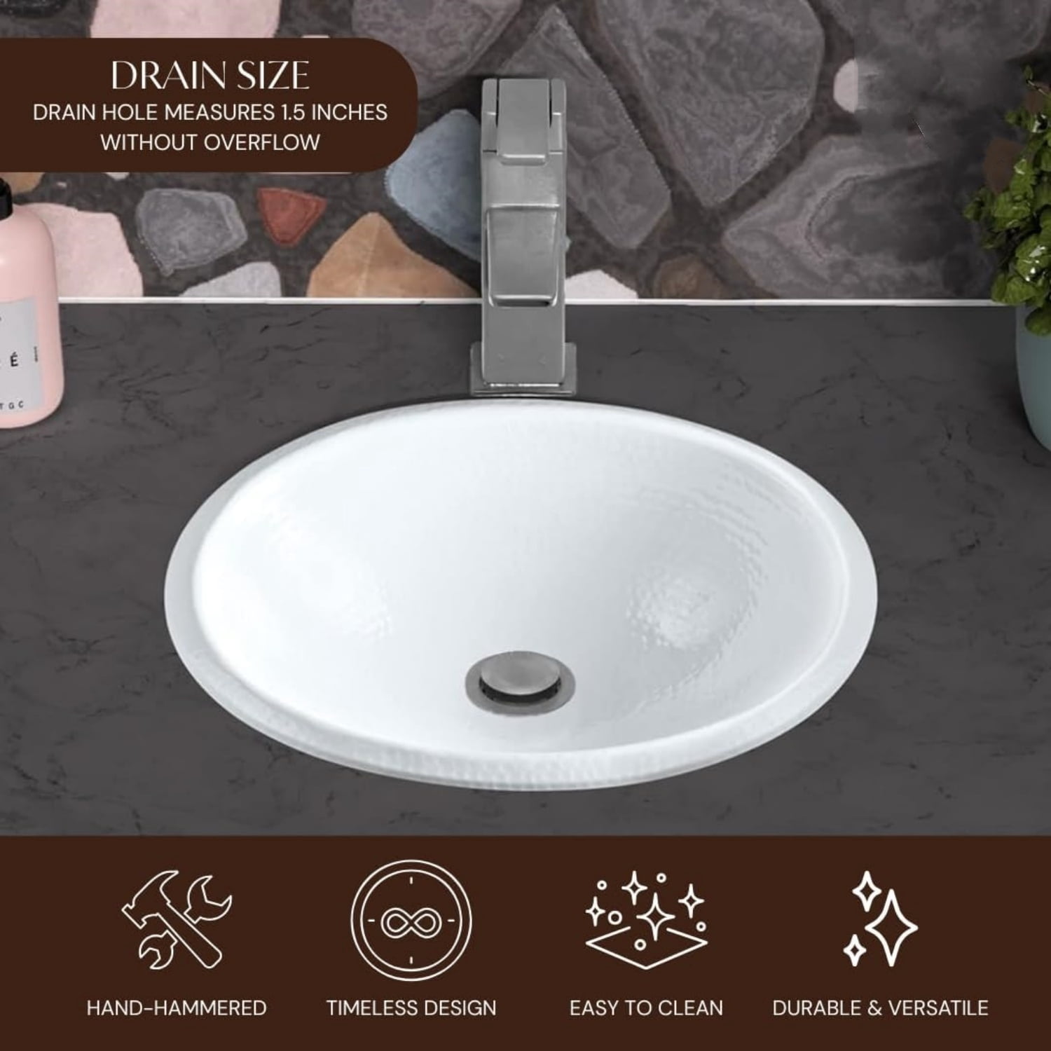17-Inch Oval Drop In Bathroom Sink, Top Mount Hand Hammered Classic White Vanity Sinks for Countertop, Powder Room, Guest Bath or Restroom, Drop in Sinks for Bathrooms