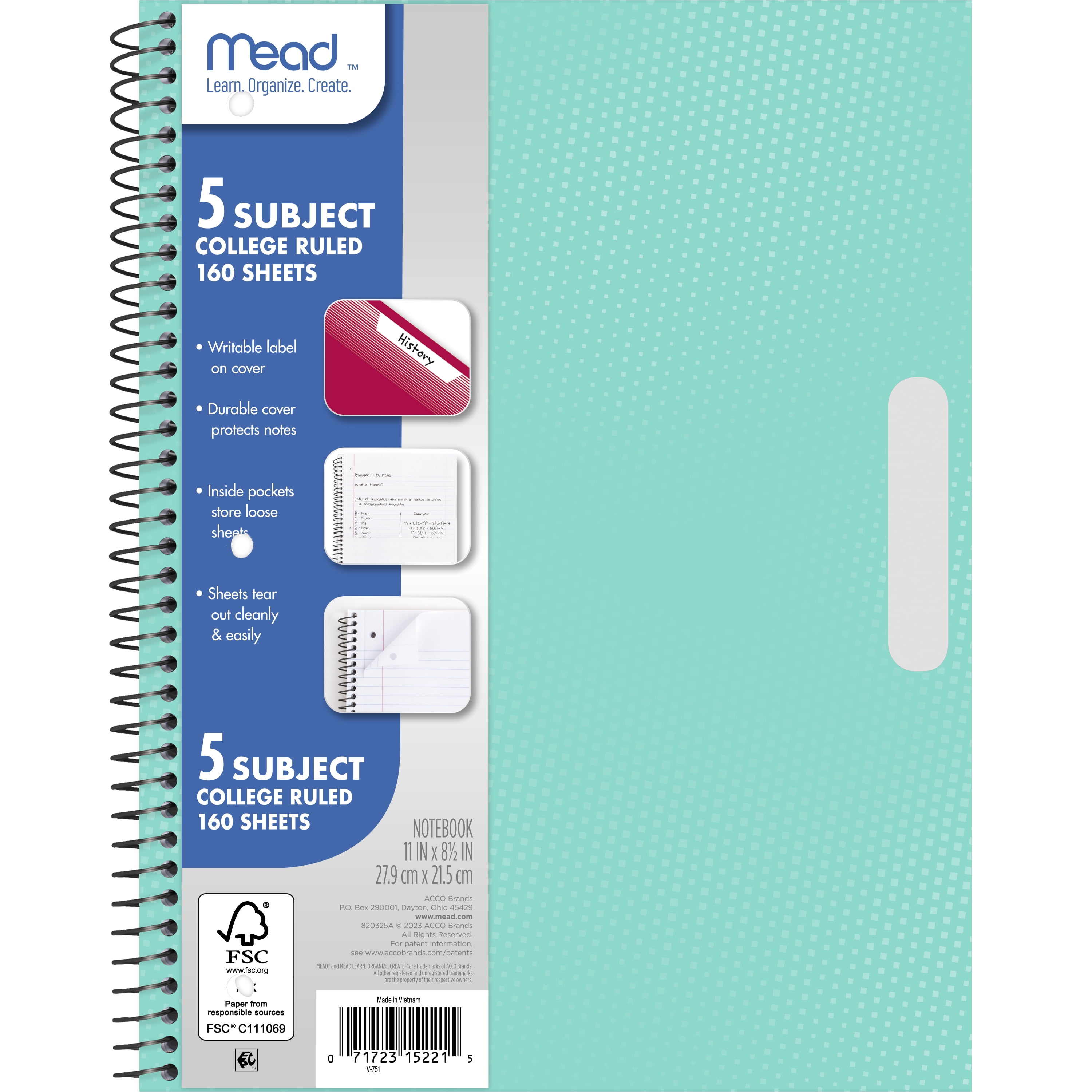 Mead 5 Subject College Ruled Notebook, 8.5" x 11", Pastel Green, Poly, Spiral, 160 Sheets