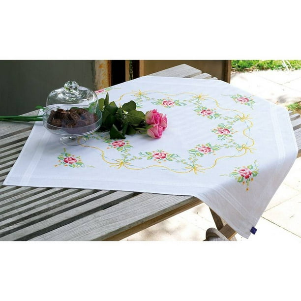 Garland with Roses Tablecloth Stamped Embroidery Kit, 32" x 32