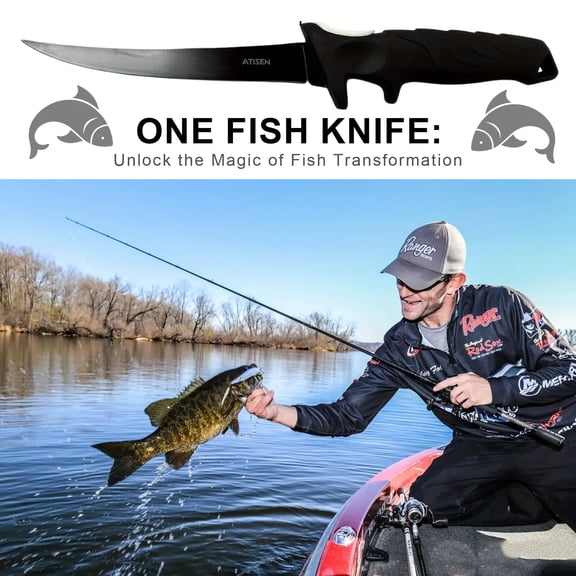 ATISEN Fillet Knife 7-inch Stainless Steel Blade Ergonomic Handle Full Tang with Protective Cover and Sharpener Set of 2 Black