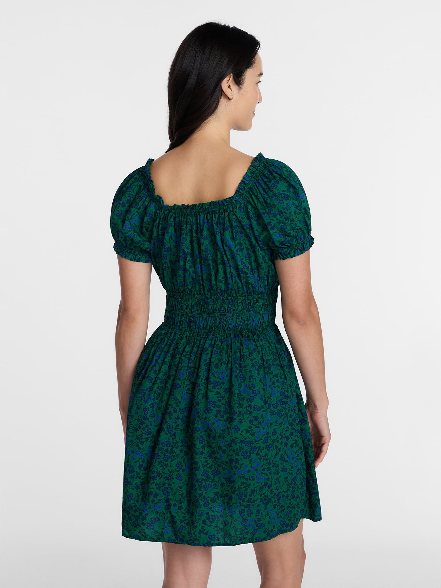 Time and Tru Women's Cotton Peasant Mini Dress With Puff Sleeves, Sizes XS-4X
