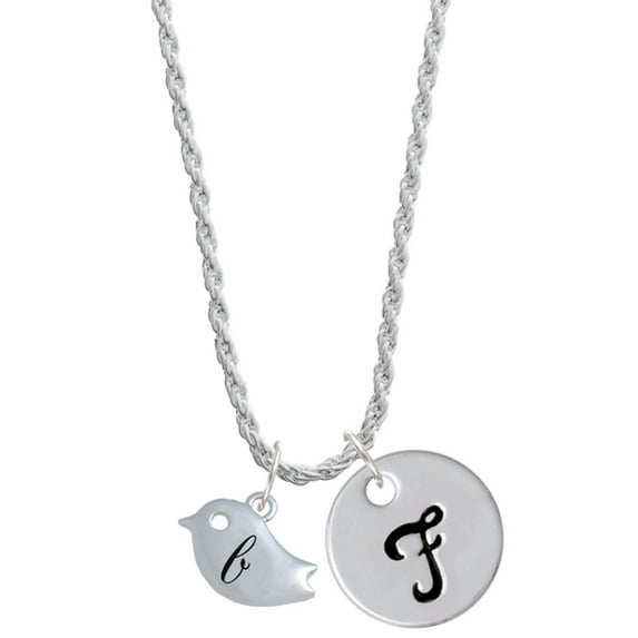 Delight Jewelry Silvertone Little Bird Initial - B - Silvertone Script Initial Disc - F - Charm Necklace, 20"+3"