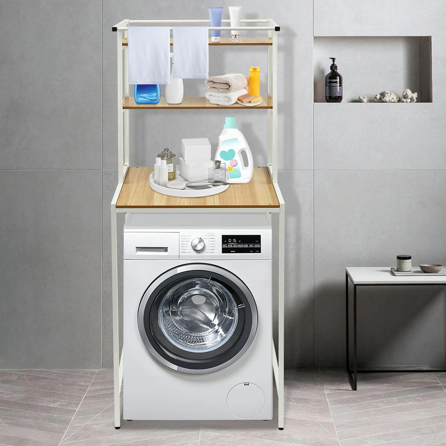 Miumaeov Over Washer Dryer Stacking Rack, Clothes Drying Rack Stand Over Washer, 2 Tier Adjustable Height Storage Shelving for Bathroom, Bedroom,Balcony