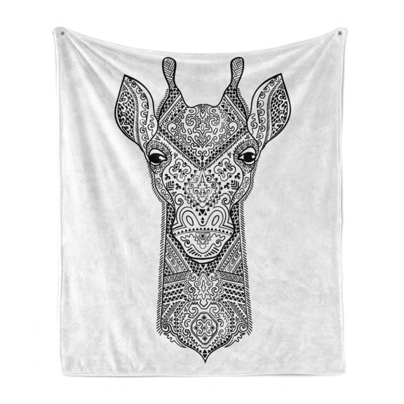 Safari Soft Flannel Fleece Blanket, Demonstration of a Giraffe Portrait in Monochrome Ethnic Style Design, Cozy Plush for Indoor and Outdoor Use, 50" x 70", Charcoal Grey and White, by Ambesonne