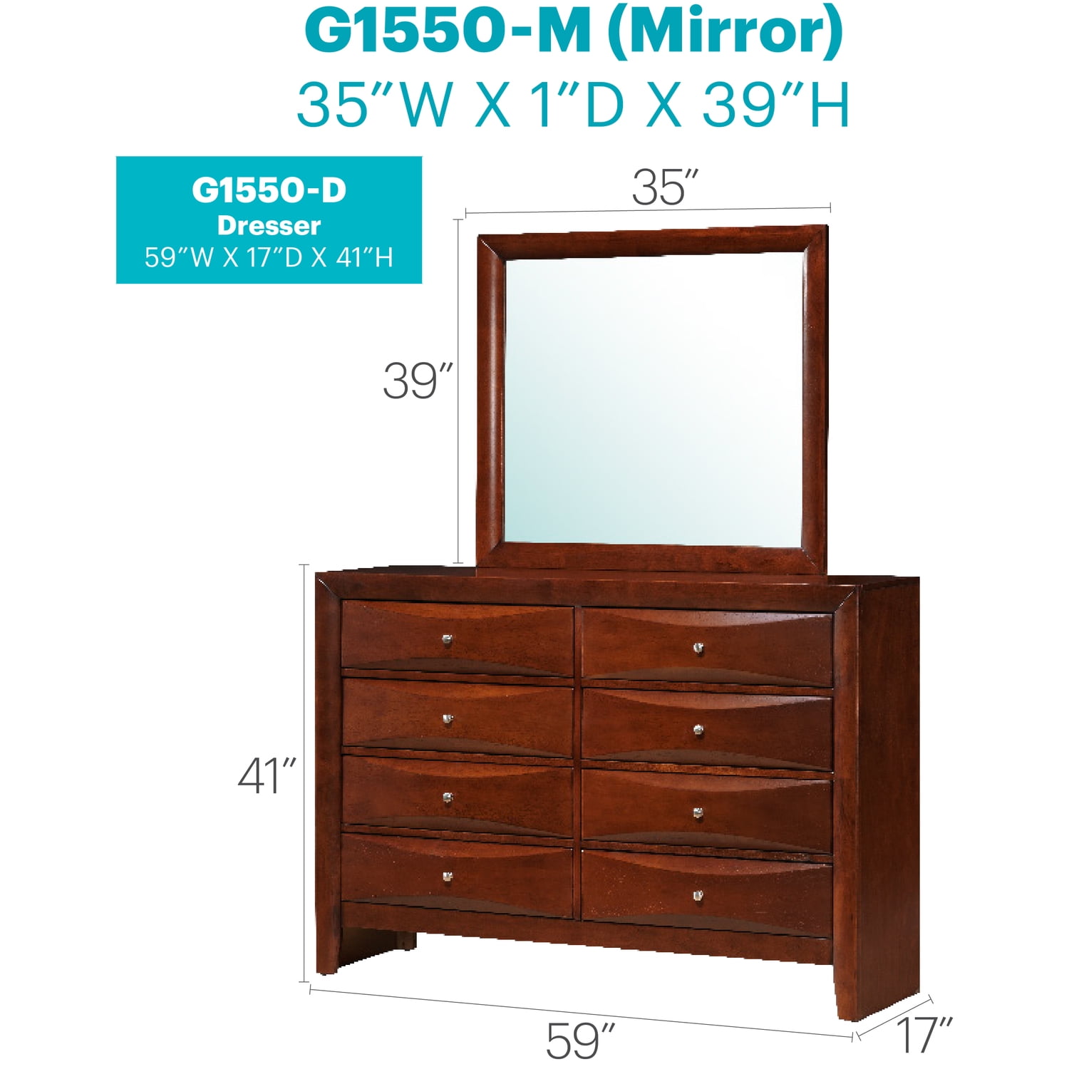 Glory Furniture Marilla 8-Drawers Bedroom Dresser in Cherry