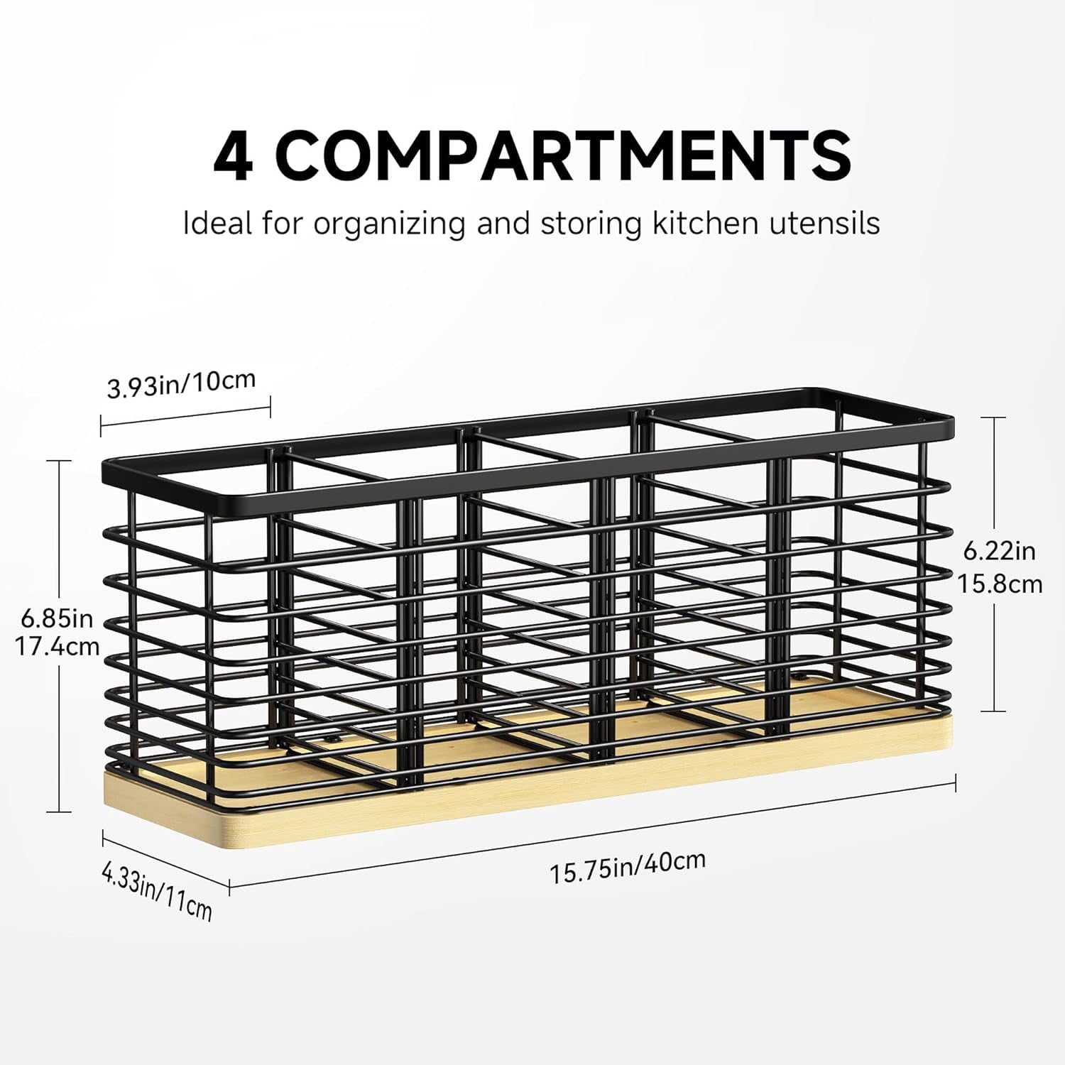 HBlife Kitchen Counter Utensil Holder with Bamboo Base, Matte Black, 4-Compartment Kitchen Utensil Organizers