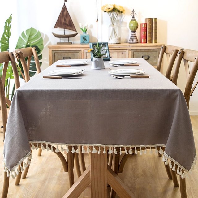 Mantel impermeable de color liso con borlas de algodón y lino de imitación, con encaje geométrico, rectangular, para mesa de comedor y mesa de centro