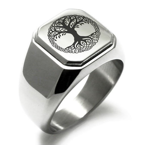Stainless Steel Yggdrasil Great Tree of Life Viking Norse Engraved Square Flat Top Biker Style Polished Signet Ring