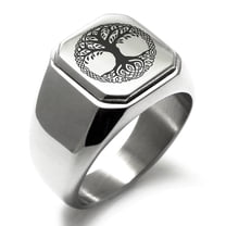 Stainless Steel Yggdrasil Great Tree of Life Viking Norse Engraved Square Flat Top Biker Style Polished Signet Ring
