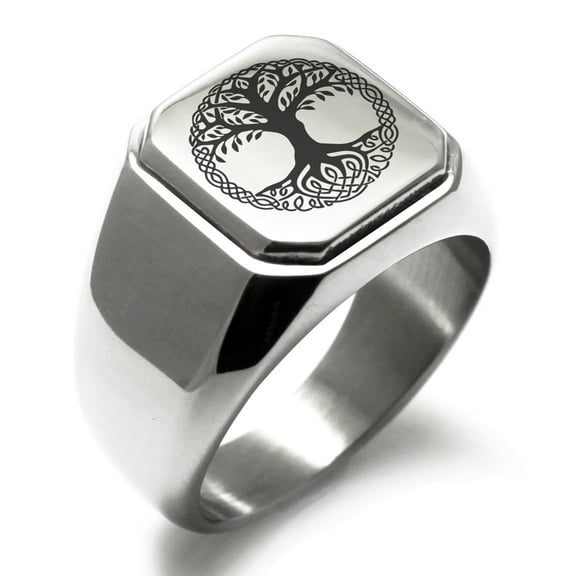 Stainless Steel Yggdrasil Great Tree of Life Viking Norse Engraved Square Flat Top Biker Style Polished Signet Ring