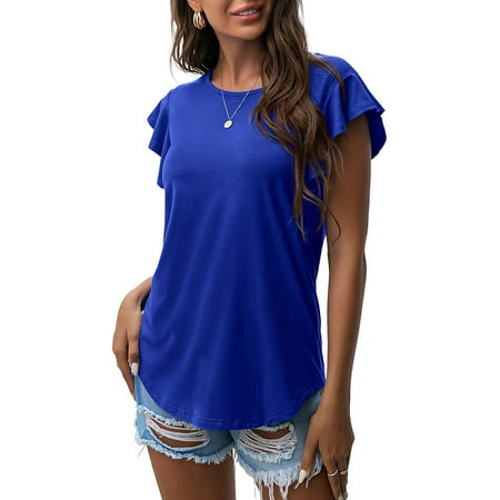 Europe And The United States 2022 New Women'S Tops Ebay Popular Round Neck Lotus Short-Sleeved T-Shirt Women Royal Blue L