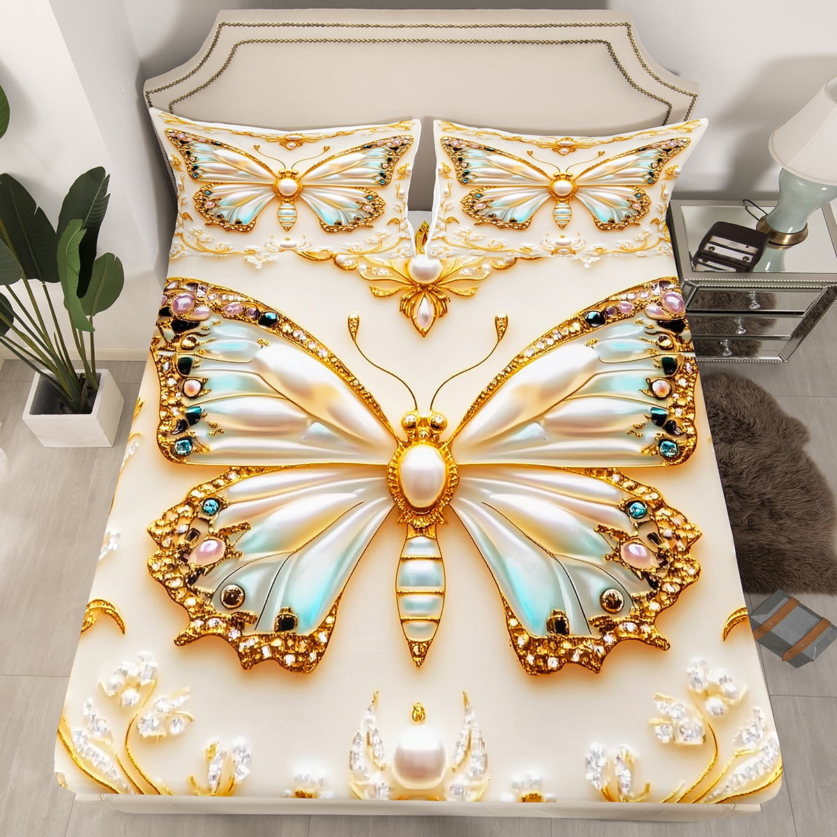Homewish Chic Flying Butterfly 4 Pieces Queen Sheet Sets for Children Teens Girls,Dreamy Princess Ultra Soft Flat Sheet,Exotic Style Queen Fitted Sheet,Lightweight Room Decor
