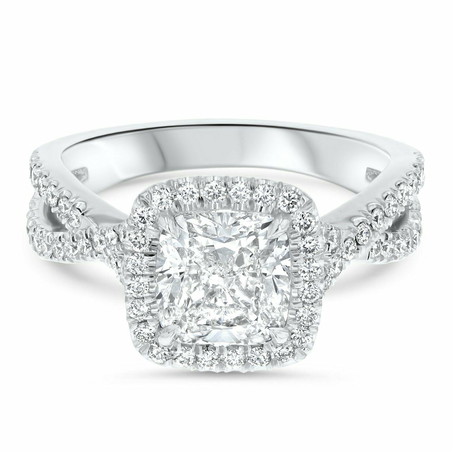 HeartsAndYou 2ct Engagement Ring for Women Cushion Cut Moissanite Split Shank Halo 18k White Gold over Silver