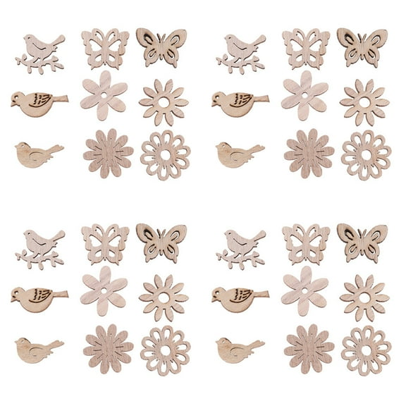 200Pcs Wooden Pieces Creative Flower Bird Natural Wood Plate for DIY Crafts Mixed Type