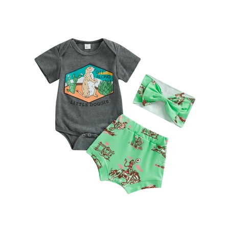 

IZhansean Newborn Baby Girl Summer Outfits Horse Print Romper Short Sleeve Letter Bodysuit Shorts Headbands Clothes Dark Gray Meerkat 6-12 Months