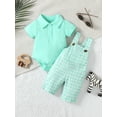 thumbnail image 3 of Mikrdoo Newborn Boys Outfits Summer Solid Color Turn-down Collar Romper Tops Plaid Suspender Pants 2Pcs Clothes,As Gift, 3 of 9