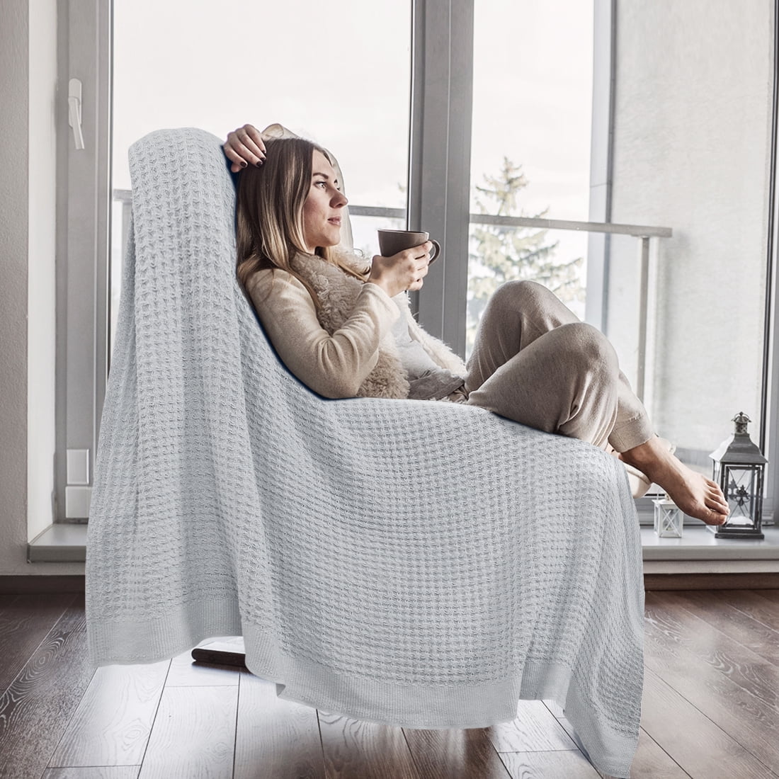 Unique Bargains Cotton Waffle Weave Bed Throw Blanket Gray 90" x 90"