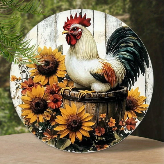 Farmhouse Rooster Round Aluminum Sign - Rustic Sunflower Distressed Wood Country Kitchen Decor, 1pc, 8" Wall Art Metal Sign, For Porch, Gardene, Room, Home, Bathroom Decor, Ideal Gift, 2D