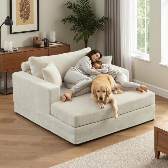 56" W Oversized Upholstered Chaise Lounge with Matching Pillows and Metal Legs