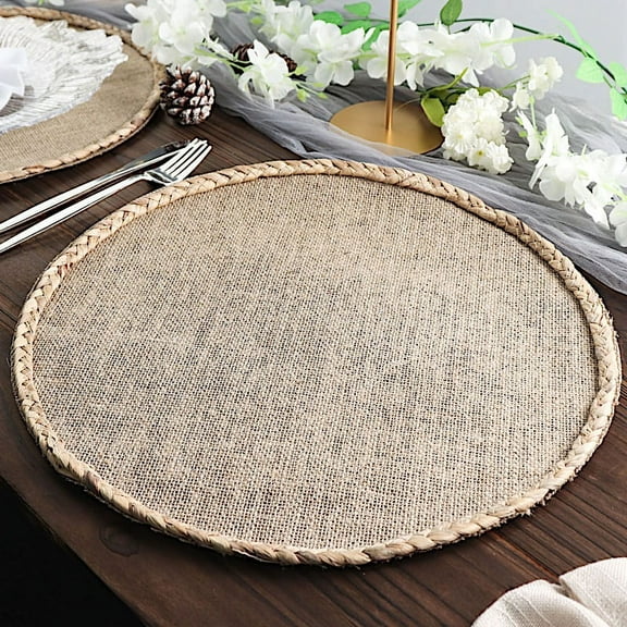 Balsa Circle 4 Natural 15 in Round Burlap Jute Placemats Braided Trim Party Event Decorations