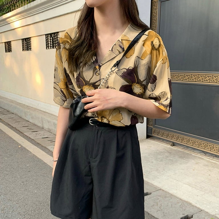 Women's Retro Oil Painting Tops Big Flower Printed Short Sleeve