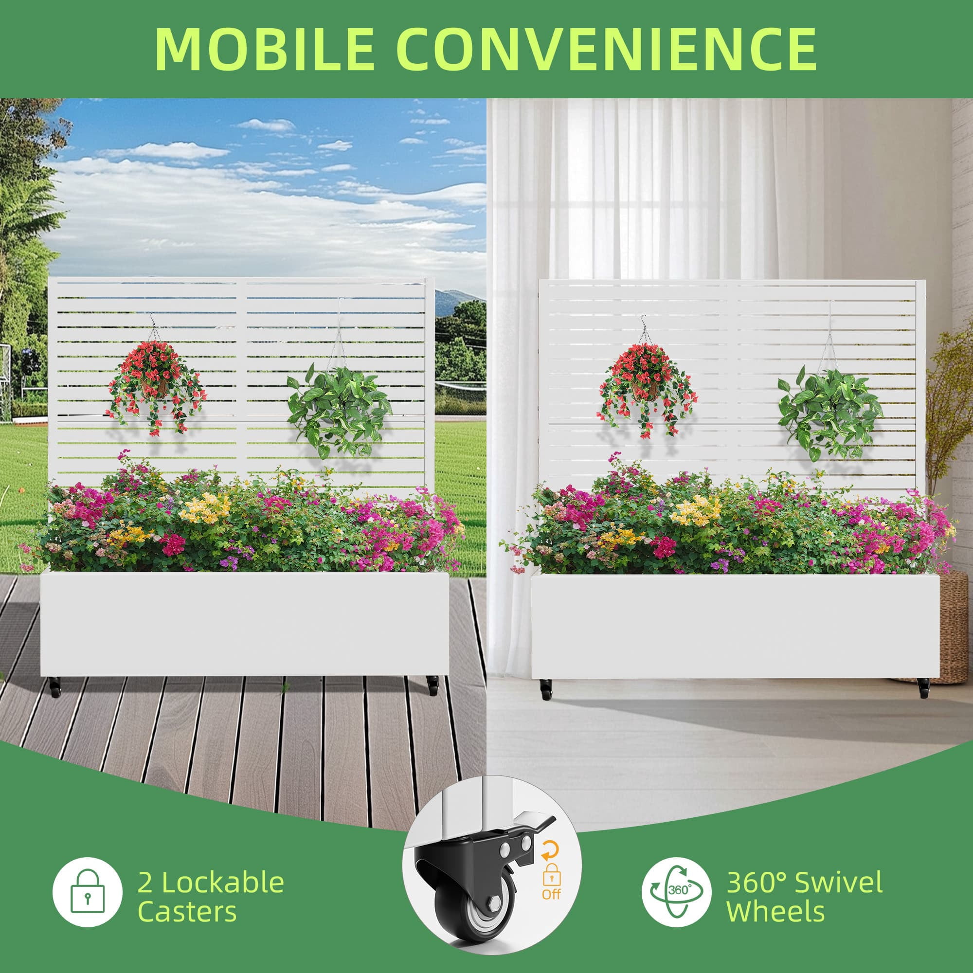 MAYEERTY 47*16*47"Outdoor White Metal Planter with Rect Louvered Climbing Trellis, Drainage hole & Wheels