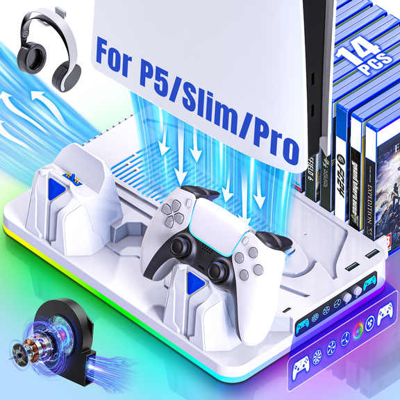 PS5 Cooling Station with Fan for Playstation 5/PS5 Pro/PS5 Slim Console Disc & Digital, Dual Controller Charging Dock, 9 Lighting Modes with Games Storage Slot, White