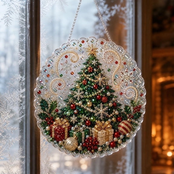 Christmas Pearl Diamond Painting Kit Suncatcher DIY Craft Acrylic Tree Shape Board with 2D Mixed-Sized Pearl Beads Craft