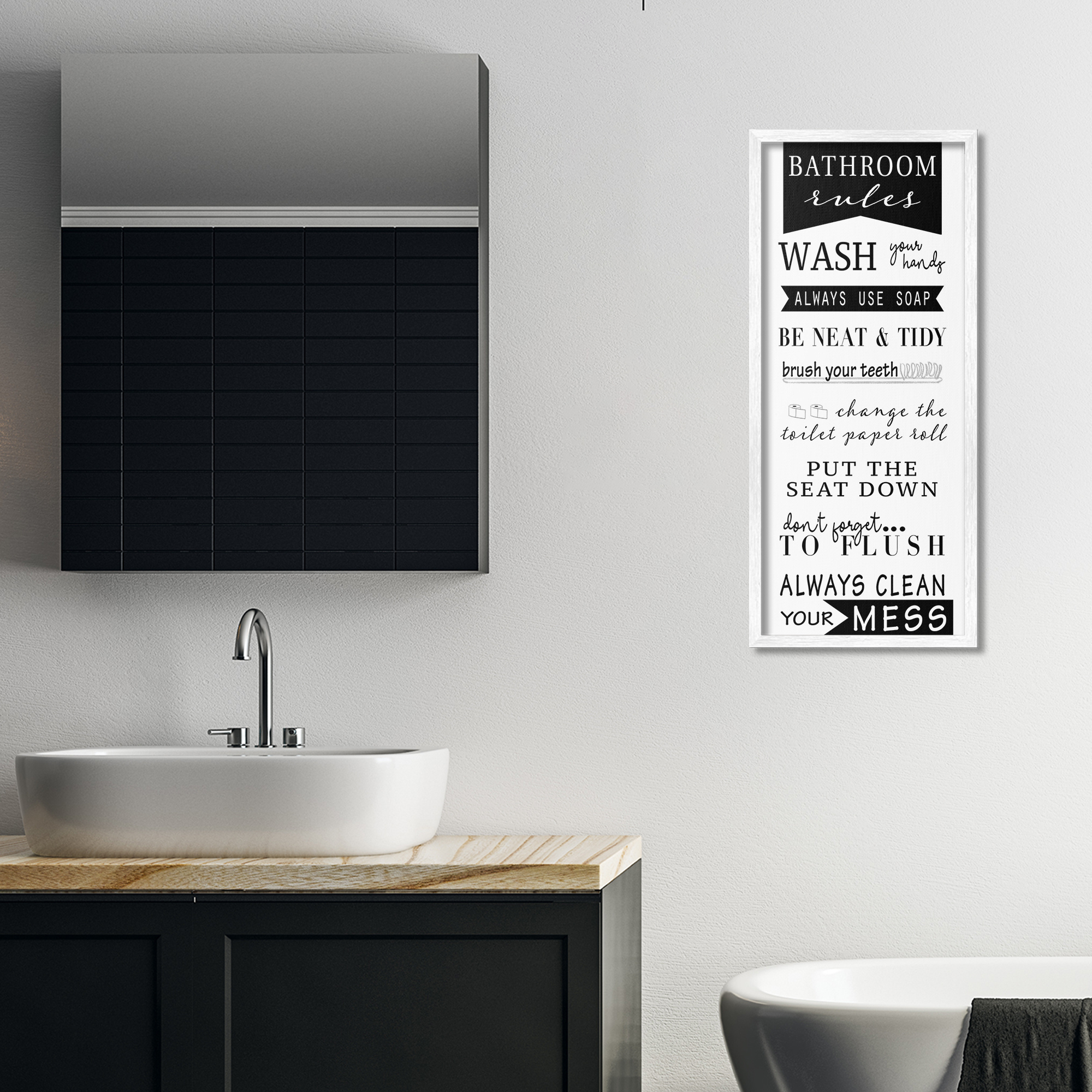 Stupell Industries Black Bathroom Rules Typography Painting White Framed Art Print Wall Art, 13 x 30