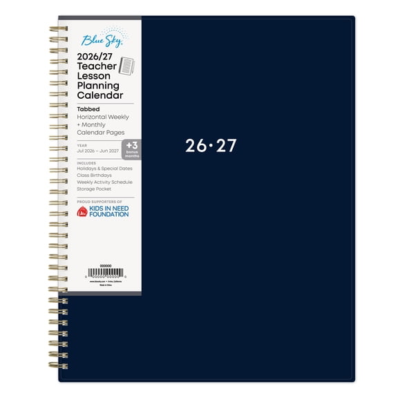 Blue Sky 2026-2027 Weekly and Monthly Academic Year Teacher Lesson Planner Calendar, July 2026 - June 2027, 8.5" x 11", Flexible Cover, Wirebound, Laminated Tabs, Storage Pocket, Solid Navy