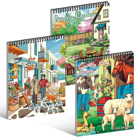 Kalysky 3 Pack Coloring Books, City and Country Scenes Coloring Book, Relaxation and Stress Relief