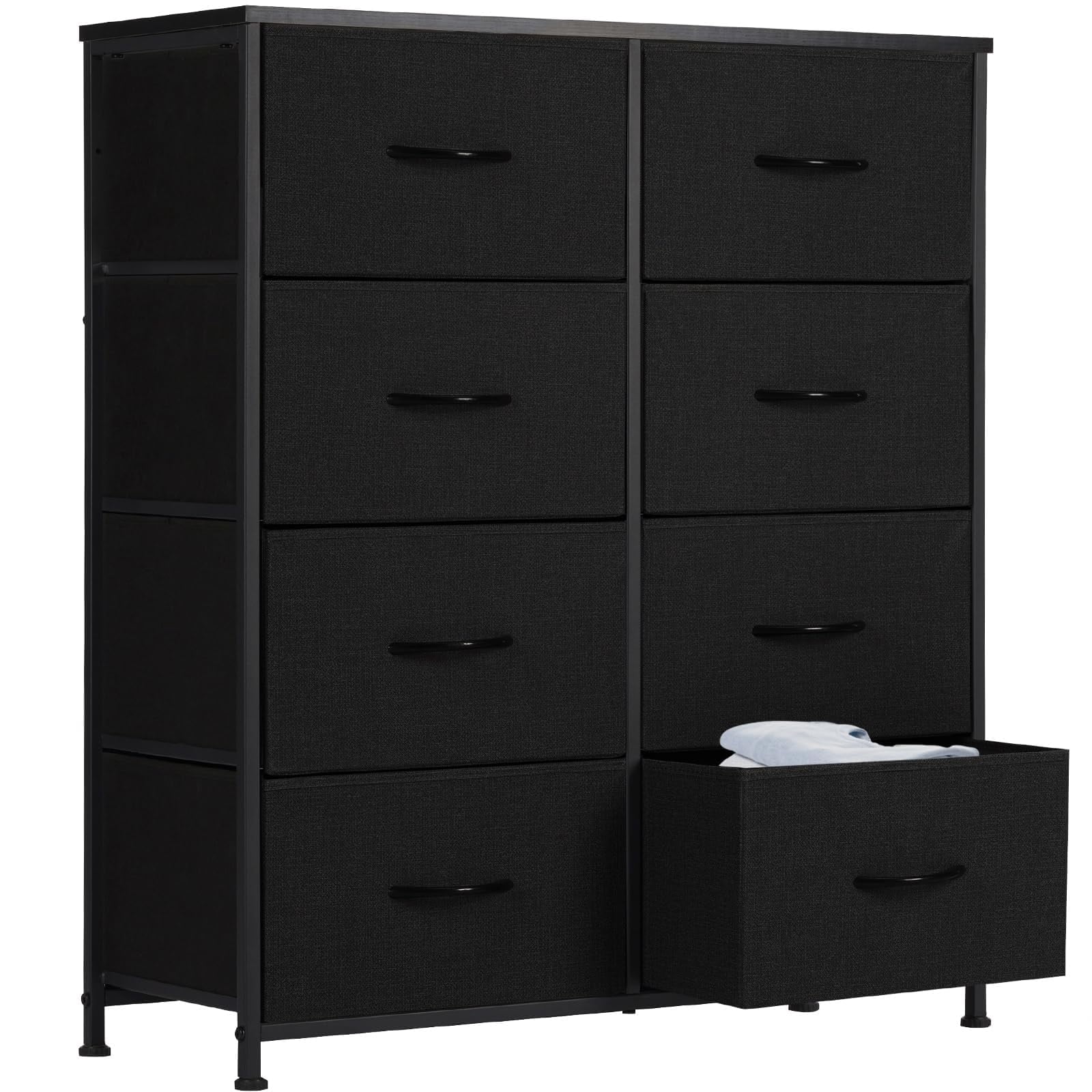 Telyra 8-Drawer Fabric Dresser Tall Storage Tower with Wood Top and Steel Frame Bedroom Closet Organizer, Black