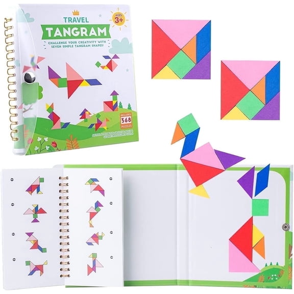 Vanmor Travel Tangram Puzzle with 2 Sets Magnetic Plate-Montessori Shape Pattern Blocks Jigsaw Road Trip Games with 368 Solution - Educational Toy Brain Teaser Gift for Kids Adults Challenge
