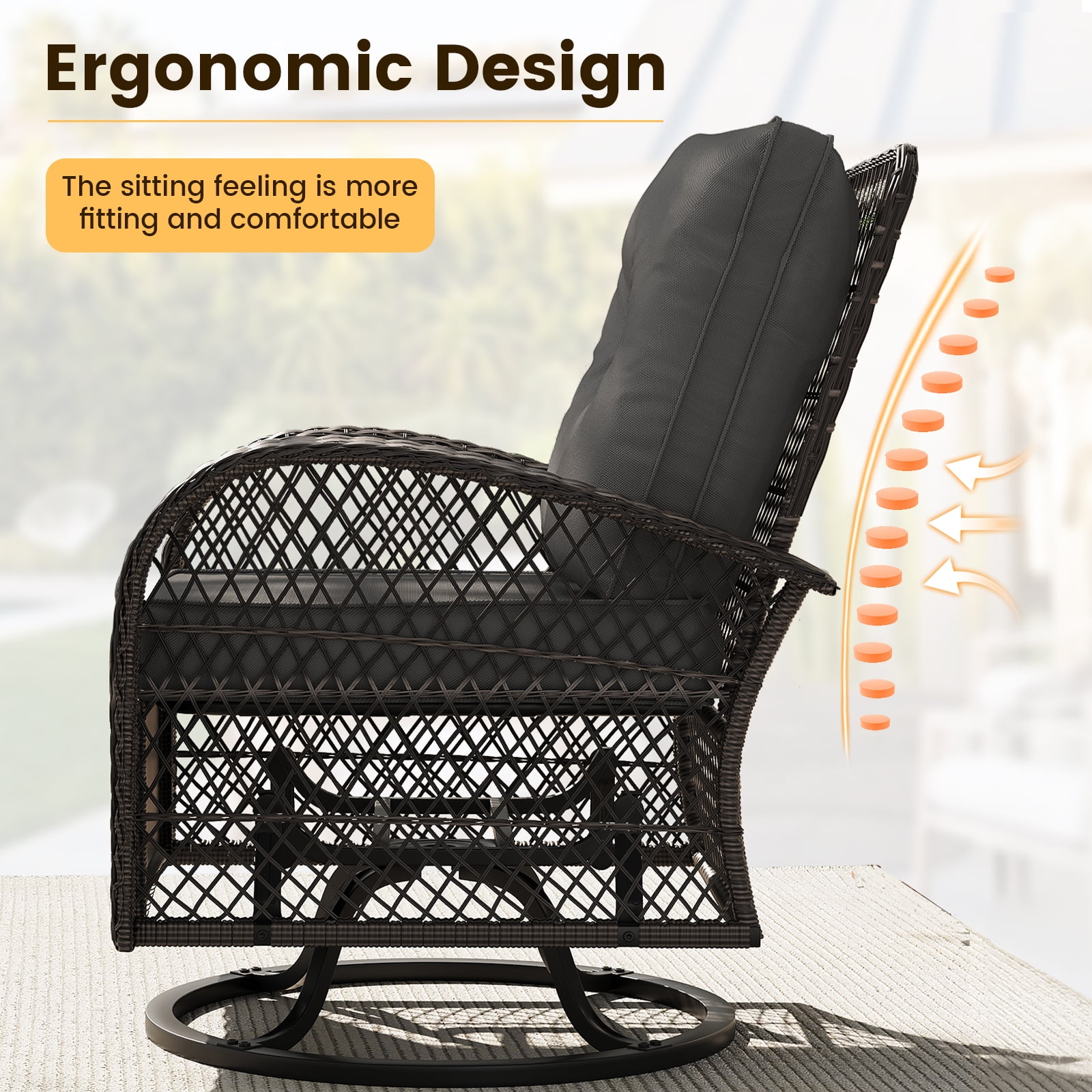 ELPOSUN 3 Pieces Patio Furniture Set, Outdoor Swivel Gliders Rocker, Wicker Patio Bistro Set with Rattan Rocking Chair, Glass Top Side Table and Thickened Cushions for Porch Deck Backyard