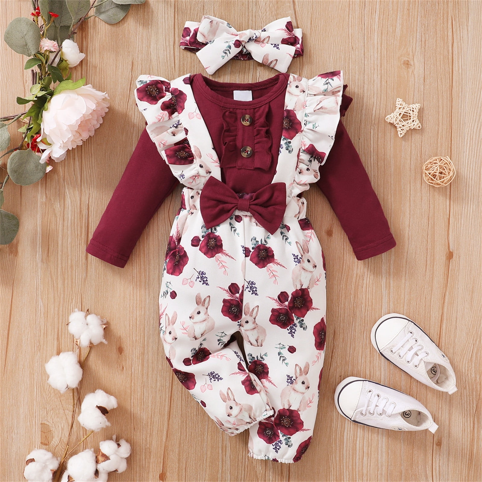 Clothes Set For Toddler Baby Girl Baby Girls Long Ruffled Sleeve Solid Romper Tops Flower Print Suspender Pant With Headbands 3Pcs A Casual Toddler Girl Outfits 6 Months-9 Months