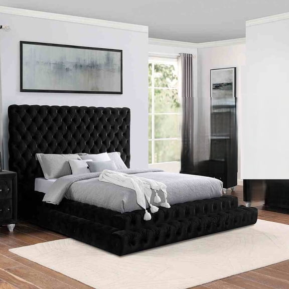 Stylish Black Flannelette 1pc Queen Size Step Up Platform Bed, Tufted Oversized HB Bedroom Furniture